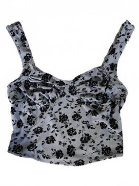 Stitch & Pine Blouse Women's Large Gray Black Floral Cropped